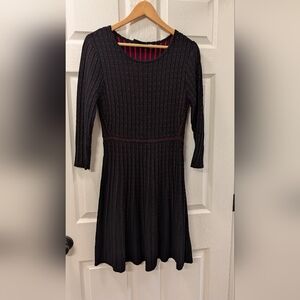 Nina Leonard Black and Red Striped Long Sleeve Dress